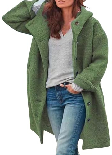 LOIJMK Damen Wollmantel Mit Kapuze, Trenchcoat Lang Winter Wintermantel Elegante Übergangsjacke Einfarbig Freizeitjacke Mit Taschen Locker Winter Warme Winterjacke Freizeitjacke Kapuze-Wollmantel