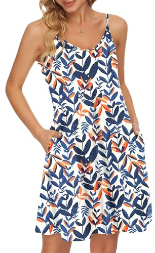 WNEEDU Vestido Playero de Verano para Mujer con Tirantes Finos de Hoja Naranja Azul M