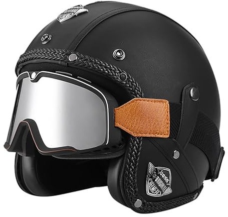 EBAYIN Motorradhelm, Halbhelm Retro Harley Lederhelm Mofa-Helm Motorradhelm 3/4-Helm Jethelm Vintage-Pilotenhelm ECE Zertifiziert Cruiser Chopper Roller mit Schutzbrille,Q-S=(55~56cm)