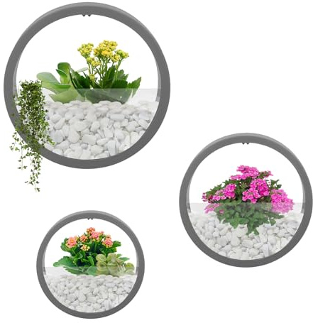 Dokiiovo Wandvasen Set, 3-teilig Runde Wand-Pflanzgefäß Blumentöpfe (Grau) | Hängende Blumentöpfe aus ABS & Acryl, 3 Größen 18/23/28cm, für Sukkulenten Kunstpflanzen Blumen