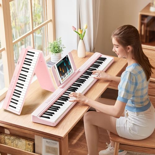 TERENCE V20 E-Piano 88 Tasten Halbgewichtet Faltbar Rosa | Keyboard Piano mit 4 Lautsprecher, Integriertem Akku, Pedal, Bluetooth, Aufnahme, Perfekt für Anfänger, Zuhause, Unterricht