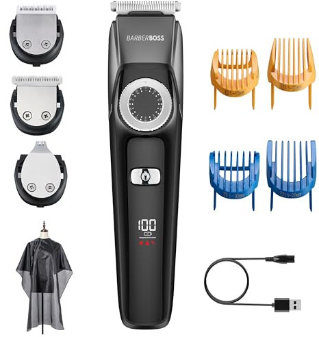 BarberBoss 3-in-1 Gesichtspflegeset für Männer, Haarschneider Herren, Bartschneider, Detailschneider, Präzisions-Steuerrad, 4 Führungskämme, USB wiederaufladbar, LED-Display, 100% wasserdicht