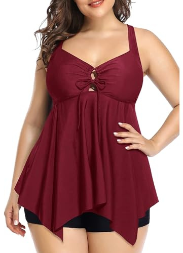 KAKU NANU Tankini Donna Costume Donna Due Pezzi Costumi da Bagno Push Up Tankini con Pantaloncino Rosso XXL