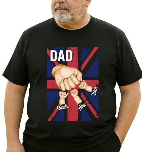 QuindaUK Custom Best Dad Ever T-Shirt with Kids' Names – UK Flag Fist Bump Shirt, for Dad or Grandpa