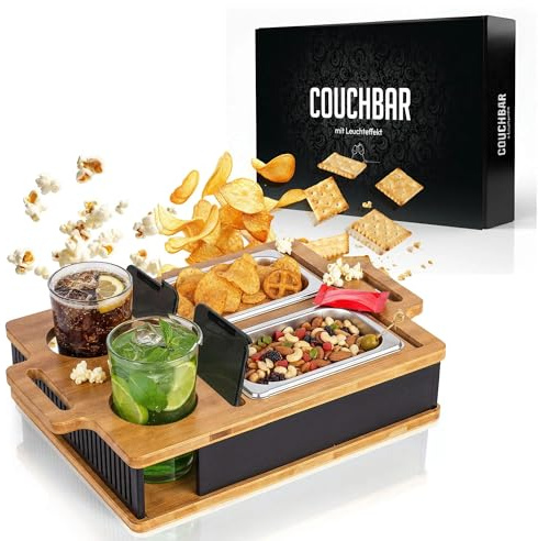 AH® Couchbar Snackbox mit Leuchteffekt, Geschenk für Männer & Frauen | Sofatablett inkl. Geschenkbox mit 2 Snackschalen, Handyhalterung & Getränkehaltern – die Geschenkidee für gemeinsame Momente