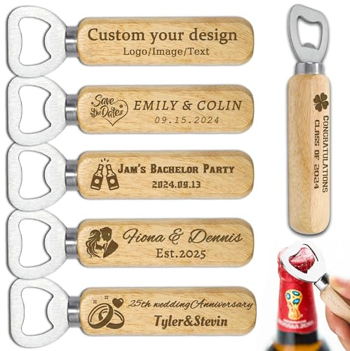 15-100 abrebotellas personalizado con asa, abrebotellas de madera personalizado grabado con logotipo o texto, abrebotellas de cerveza a granel para recuerdos de boda, regalos de padrinos de boda