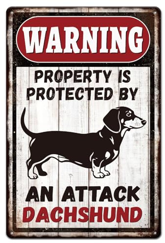 GLOBLELAND Vintage Dachshund Warning Metal Tin Sign 12x8inch Black Dog Attack Tin Signage Decor Signs Retro Wall Metal Plaque for Office Home Garage Bar Cafes Garden Area Decoration