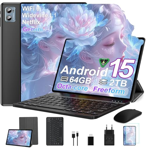 SUAAT Tablette Android 15 avec 64Go ROM (2TB TF Extensible), 10 Pouces, WiFi 6, 8-Cores, GMS, 8MP+5MP, Widevine L1, Play Store, Tablette Tactile avec Clavier| Souris| Etui-Noir