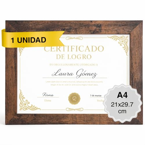 MARCOFOTO Marco de Fotos A4 Marrón Rústico (21x29,7 cm) Portafotos de Pared en MDF con Cristal - Ideal para Diplomas, Certificados, Pósters y Fotografías - Decoración Hogar y Oficina