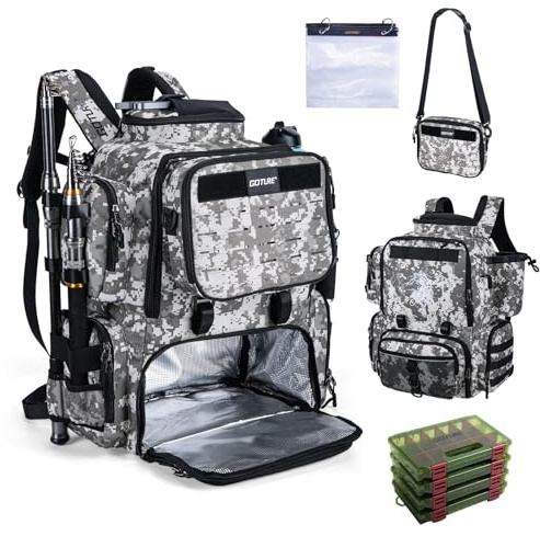 Goture Angelrucksack mit 4 Köderbox Angeln, 58-Liter mit Kühlfach & Abnehmbarer Umhängetasche, Rutenhalter, 900D Wasserabweisend, Große Angeltasche für Camping Wandern