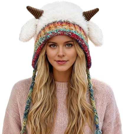 Mütze Damen Winter, Wintermütze Damen Warm Schafhorn Strickmütze mit Ohrenklappen Bunte Damenmützen Mädchen Flauschige Mützen Süße Gestrickte Damenmütze Winddichte Weihnachtsmütze für Weihnachten