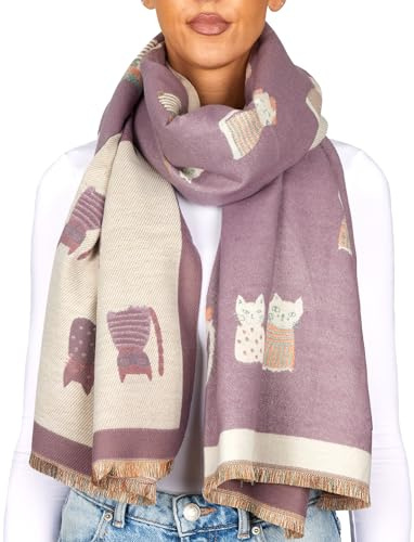 BRUBAKER Cashmirillo Damen Schal mit Katzen Muster - 70 x 200 cm | Warm, Kuschelig und Oversized - Winterschal für Herbst und Winter - Herbstschal - Weiches Kaschmir-Gefühl