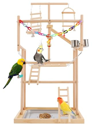 Shinpeed Parco giochi per pappagalli, 4 livelli, parco giochi per uccelli con tazze, altalena in legno, scala, campane per pappagallini, parrocchetti