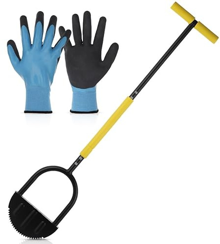 Steel Half-Moon Step Edger with T-Grip & Long Handle, Saw-Tooth Manual Lawn Edger for Flower Beds, Gardens, Sidewalks & Driveways, Includes Latex Gloves