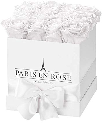 PARIS EN ROSE Rosenbox ECKIG | mit 12 weißen Infinity Rosen Größe XL | eckige, weiße Box mit Schleife | ewige Rose | 3 Jahre haltbar | Grußkarte