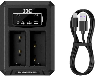 JJC Chargeur Double Batterie USB pour Appareils Photo Fujifilm X-E5, X-Half (X-HF1) X100VI X100V X100F XPRO3 XPRO2 XPRO1 XS10 XE4 XH1 XT3 XT2 XT1 XT50 XT30II X-T30III Remplace Fuji NP-W126/NP-W126s