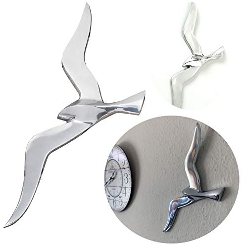 LS-LebenStil XL Wand-Deko Möwe Maritim Vogel Wand-Objekt Wandhänger Deko-Figur Wand-Kunst Hänge-Dekoration Wohnzimmer Schlafzimmer Badezimmer Flur Wohn-Dekoration zum Aufhängen (46cm Silber Alu)