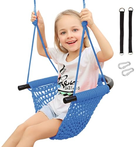 RedSwing Toddler Swing, Swing Seat for Kids with Heavy Duty Adjustable Ropes, Hand-Knitting Secure Children Swing Set for Indoor Porch, Outdoor Playground, Backyard, Tree, Blue