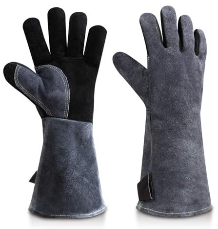 OZERO 14-inch Leather BBQ Gloves: Fire 500℃ Heat-Resistants Welding Gloves Long Sleeve and Insulated Lining Arm Protection for Welder Forge Fireplace Wood Stove Black - grey Large Fireproof Glove