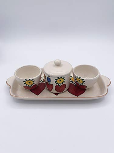 Amarcord Set Caffè 2 tazzine con zuccheriera in ceramica fatto e dipinto a mano con disegno di cuori