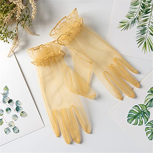GLJYG Damenhandschuhe Kurze Spitzenbrauthandschuhe Vintage Rüschenbesatz Sonnenschutzgitterhandschuhe für Dinnerpartys/Hochzeitszubehör,Champagner Gold