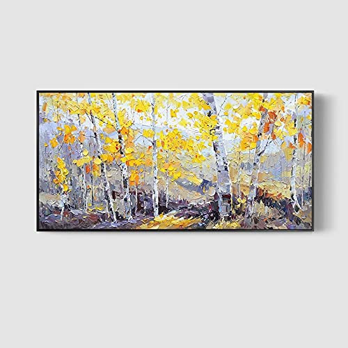 MWMG Acrylbilder Auf Leinwand Handgemalt,Weiße Birke Waldstamm Gelbes Blatt Natur Pflanze Spachtel Textur Große Ölgemälde Kunst Moderne Abstrakte Kunstwerke Leinwand Wandkunst Gemälde Wohnzimmer Sch