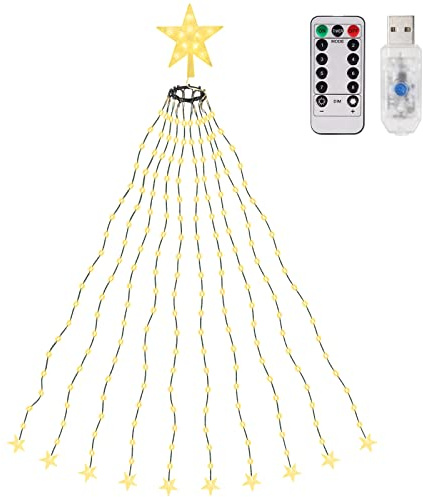 SALCAR Luci Albero di Natale con Stella, 2M 10 Fili USB Luci LED Natale per Albero con Anello con Telecomando, Impermeabile Luminarie Natalizie Cascata per Interno Esterno, Bianco Caldo