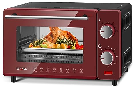 WOLTU Mini Four 10 L, 650W, 100-230℃, Minuterie 0-60 min, avec Plaque de Cuisson, Grille, Poignée, Rouge+Noir