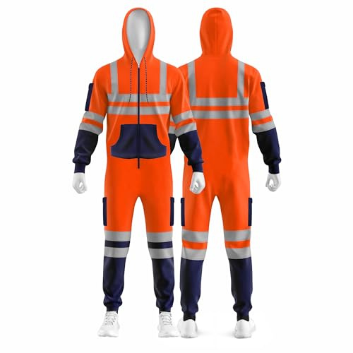 trending babz Mens Zip Hi Vis Yellow Orange Navy Contrast Reflective Tape Panel Workwear Overall Dungarees Safety All in One Suit