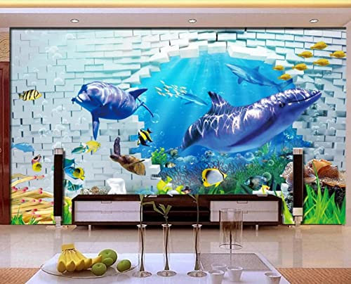 Papel Pintado Pared Delfín Pared De Ladrillo Azul Mar Profundo Fotomurales 3D Papel Pintado Infantil Dormitorio Murales