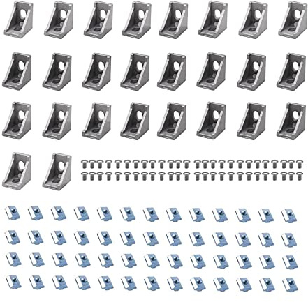 iMetrx 26Pcs 2020 Corner Brackets Set with 52Pcs M5 T Slot Nuts, 52Pcs M5x8mm Hex Socket Cap Screw and 2Pcs M3 Wrench for 2020 Series Aluminum Extrusion Profile Silver