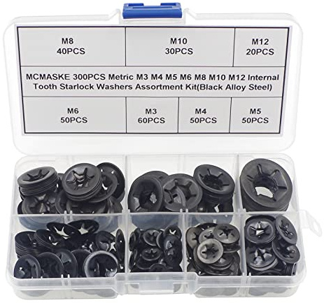 MCMASKE 300PCS Metric M3 M4 M5 M6 M8 M10 M12 Internal Tooth Starlock Washers Assortment Kit;External Push Rings; Push On Washers;Push Nuts for Unthreaded Shafts