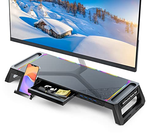 MOOJAY Supporto per Monitor da Scrivania con Luci da Gioco RGB e 4 Hub USB 3.0, Supporto per Schermo Pieghevole con Cassetto Portaoggetti e Portapenne, Rialzo per Monitor per PC/Laptop/iMac-Nero