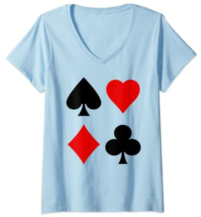 Damen Spielkarten Symbole Karo Pik Kreuz Herz Dame Skat Poker T-Shirt mit V-Ausschnitt