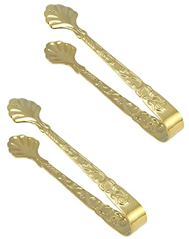Mewutal 2 Pieces Sugar Tongs with Rose Pattern Mini Appetizers Tongs Stainless Steel Serving Tongs Petal Shaped Ice Cube Tongs for Food Bar Coffee Party Kitchen (Gold, 3.66Inch)