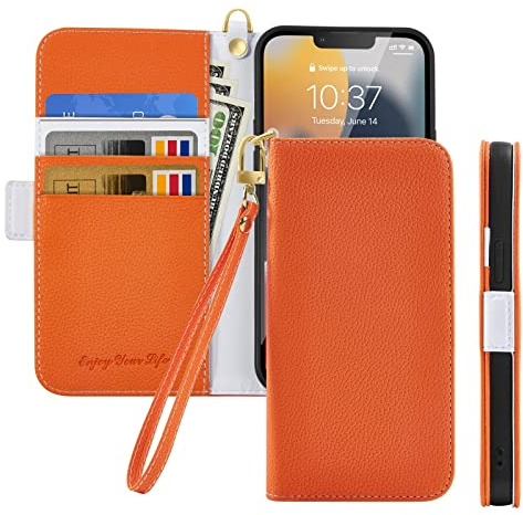 Nbziyoo Phone Case for iPhone 12/ iPhone 12 Pro, Folding Faux Leather Lychee Pattern Wallet Flip Cover with Card Holder,Wrist Strap,Magnetic Closure Shockproof Kickstand Phone Case.(Orange)