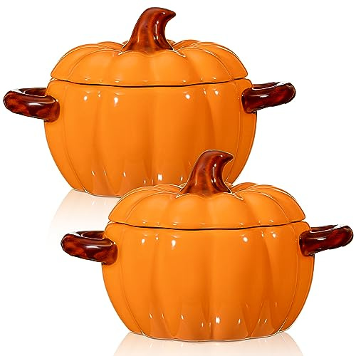 Uiifan 2 Pcs Ceramic Pumpkin Bowls - 17 oz Casserole Cookware With Lid - Cute Oven-Safe Pot With Double Ear for Thanksgiving, Autumn, Fall Baking, Halloween (Orange) | Pumpkin Shape Bowl for Thanksgiving Halloween, Decorative Fall Baking Cookware, Dutch Oven Safe Casserole, Double Handles
