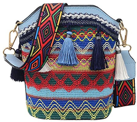Duiaynke Frauen Stickerei Schulter Handtaschen, Boho Stil Helle Fransen Mode Eimer Tasche, Crossbody Taschen, Handtasche, Hell, blau
