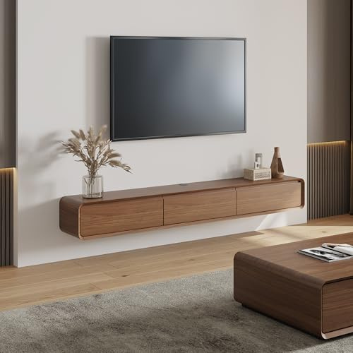 POVISON TV Schrank schwebend 200cm modern Walnussholz aus Massivholz mit 3 Schubladen, TV Lowboard hängend mit Kabelmanagement hochwertig, Komplettmöbel mit Stauraum für Wohnzimmer