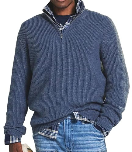NAKEAH Suéter de cachemira business casual con cremallera para hombre, jersey masculino con cremallera suelta y cuello alto, suéter con cremallera 1/4 (Large, Blue)