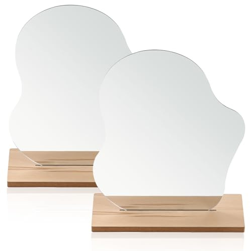KUIZHEN Acryl Schminkspiegel, 2er Set Kosmetikspiegel mit Holzsockel Rahmenlose Unregelmäßiger Dekorative Kosmetik Tischspiegel für Schlafzimmer Wohnzimmer Hotels Zimmer Deko