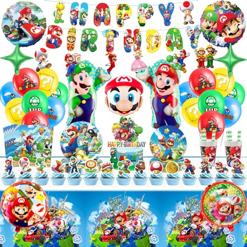 102Pcs Ma Rio Pappteller Kindergeburtstag Deko Super Bros Geburtstag Geschirr Set Geburtstagsdeko Partygeschirr Party Deko Tischdecke Servietten Teller und Becher Luftballon Banner Tortendeko 20 Gäste