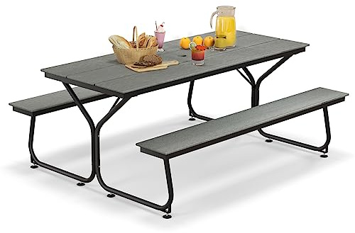 GOPLUS Picknicktisch Set, Campingtisch Biertisch für 6-8 Personen, Biertischgarnitur Outdoor inkl. 2 Bänke & 183cm lang Gartentisch mit Schirmloch, Bierzeltgarnitur für Picknick Party (Grau)