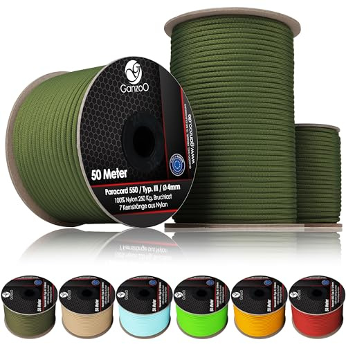 Ganzoo Paracord 550 Nylon Ace typ 3, 4 mm 30 m rulle, moss, 7 kärntrådar och 32 trådig mantel ger bra grepp för knutar och flätning, till tarp, uppspänning, hundkoppel, DIY armband, nyckelband