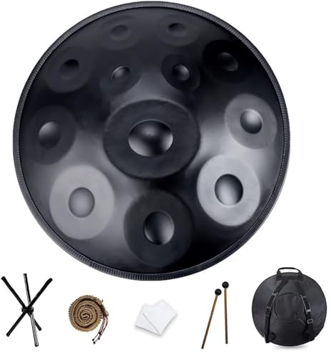 Handpan Drum 22 Zoll Schlaginstrument Handtrommel aus Stahl mit Weicher Handpantasche, 2 Handpanschlägel, Handpanständer, Fusselfreiem Tuch – 9/10/12 Noten (Black, 12 Notes)