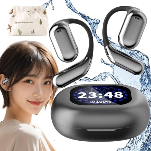 Vgpbphj Intelligent Touch Screen Open Bluetooth Earphones, LED Display, IPX7 Waterproof Sport Headset, Open Ear Headphones Wireless Bluetooth for Running, Cycling, Workout (Black)