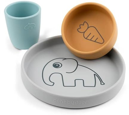 Done by Deer Silikon Geschirr-Set Elphee Grau/Senfgelb/Blau - Kinderteller Ø18, Schüssel Ø10 und Trinkbecher aus 100% Silikon in Lebensmittelqualität