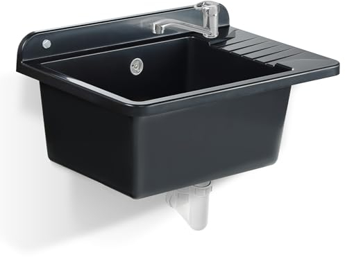GOSPO Ausgussbecken aus Polystyrol, 50.5 x 34.5 cm, Spülbecken mit Ablagefläche, Waschbecken für Werkstätten, Garagen und Hauswirtschaftsräume (Schwarz, Mit Wasserhahn)