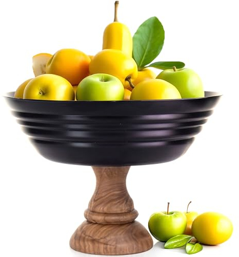 Cintika Large 22cm Black Glass Salad Bowl with Walnut Wood Base | Fruit, Decorative Snack, Serving Bowl for Salads, Fruits, Popcorn