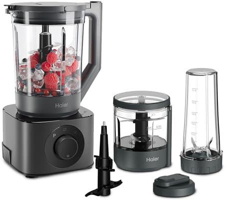Haier Series 7 Kitchen Machine Food Blender, 6 Automatic Programs: Chop, Blend, Ice Crush, Cream, Knead & PreClean, 10 Speeds, Pulse, Includes Jug, Chopper Bowl & Travel Jug, 1200W [Grey]